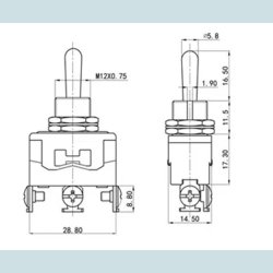 Vippe Kontakt, ON/OFF/ON. 3 Pins, Skrue