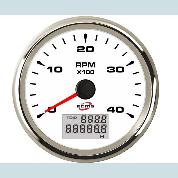 Omdrejningst�ller 9-32V, 52 mm. 0-4000 Rpm. Hvidt/S�lv  ECMS