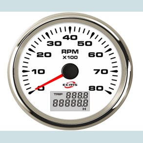 Omdrejningst�ller 9-32V, 52 mm. 0-8000 Rpm. Hvidt/S�lv  ECMS