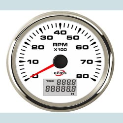 Omdrejningst�ller 9-32V, 85 mm. 0-8000 Rpm. Hvidt/S�lv  ECMS