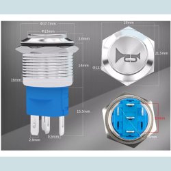 Tryk Kontakt, OFF/ON, Horn, 16 mm. Vandtt,  m/ledninger