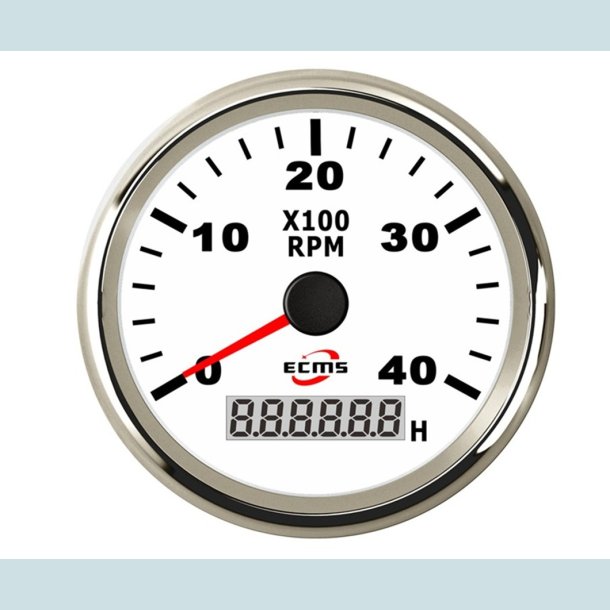 Omdrejningst�ller 9-32V, 52 mm. 0-4000 Rpm. Hvidt/S�lv  ECMS