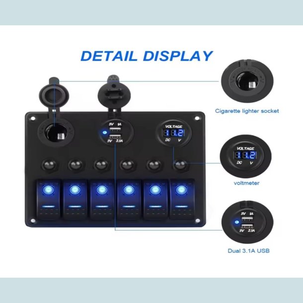 El Panel 12/24V  6 kontakter/USB/Voltmeter