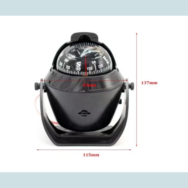 Kompas med lys, Sort, 12V