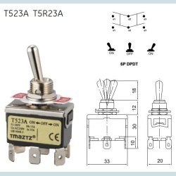 Vippe Kontakt, ON/OFF/ON. 6 Pins -  Toggle Switch