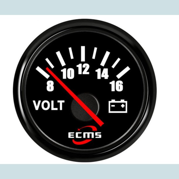 Voltmeter 8-16 V, 52 mm. Sort/Sort  ECMS