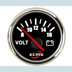 Voltmeter 8-16 V, 52 mm. Volt. Sort/Slv  ECMS