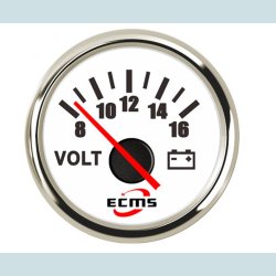 Voltmeter 8-16 V, 52 mm. Hvid/Slv  ECMS