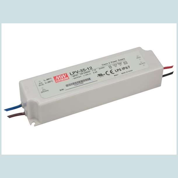 LED strmforsyning - 12Vdc / 3A 35W (IP67)