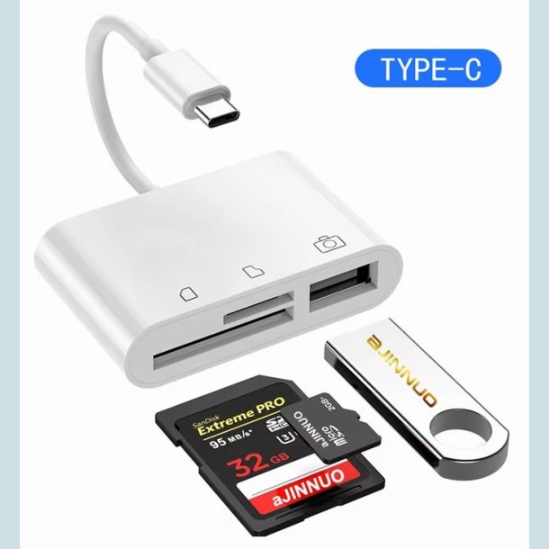 3 i1 USB C til SD/TF-kortlser/USB A  Hvid